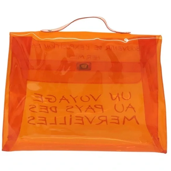 HERMES Vinyl Kelly Hand Bag Vinyl Orange and Hermes scarf tie guide booklet - Picture 8 of 11